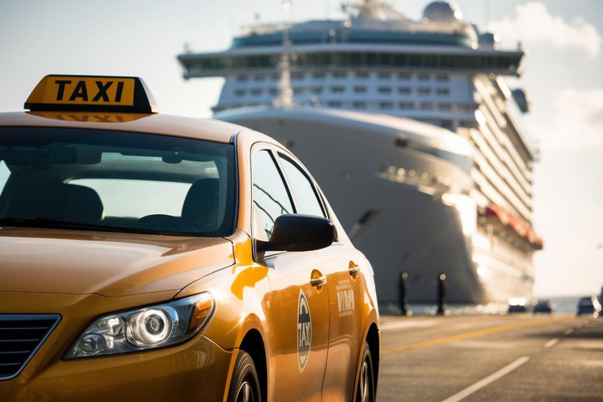 Taxi with a cruise ship in the background at The Port of Tyne in Newcastle