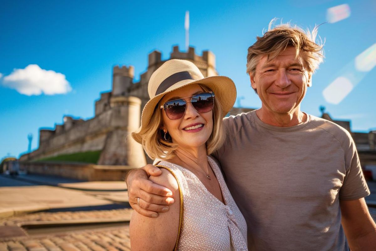 Couple at The Port of Tyne in Newcastle with Newcastle Castle in the background