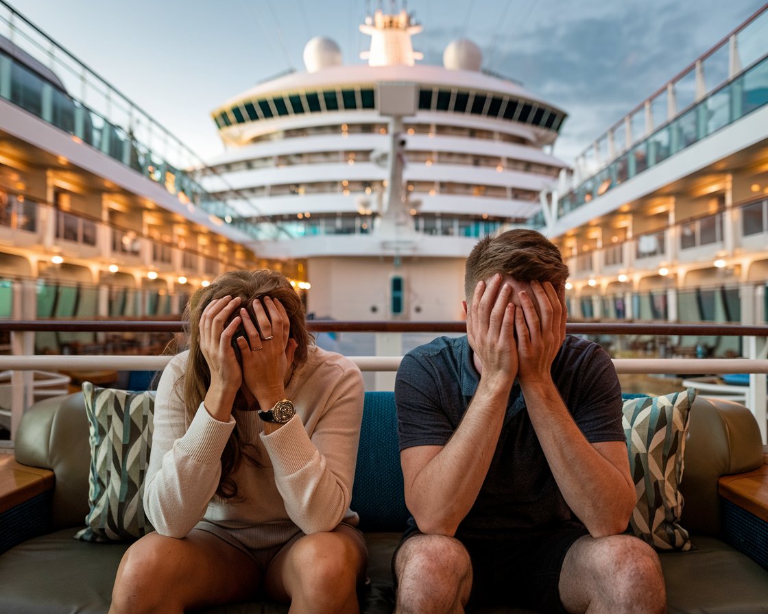 2 guests sitting with head in hands hoping they don't miss their ship