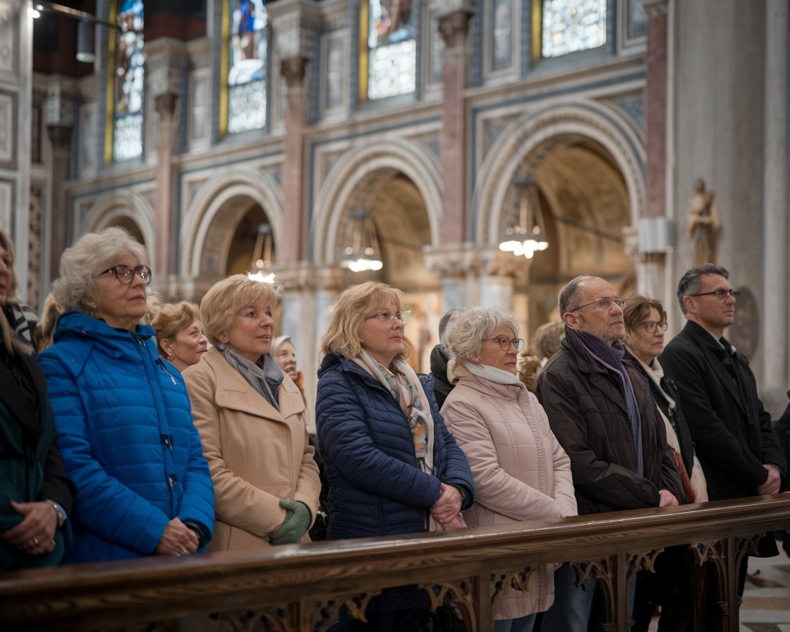 A small group of tourists being respectful in an Italian church