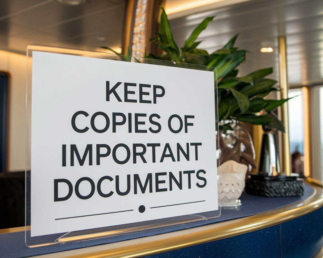 Keep Copies of Important Documents sign in a cruise ship