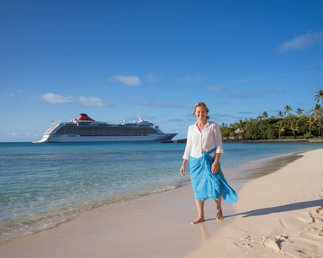 lady wearing a sarong in Fiji with a cruise ship in the background