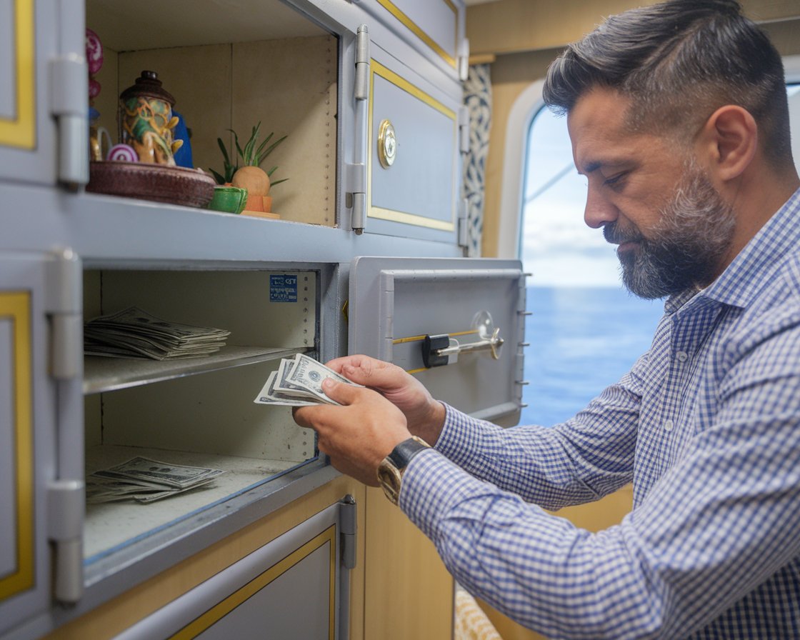 man putting money into a small safe in a cabin on a cruise ship