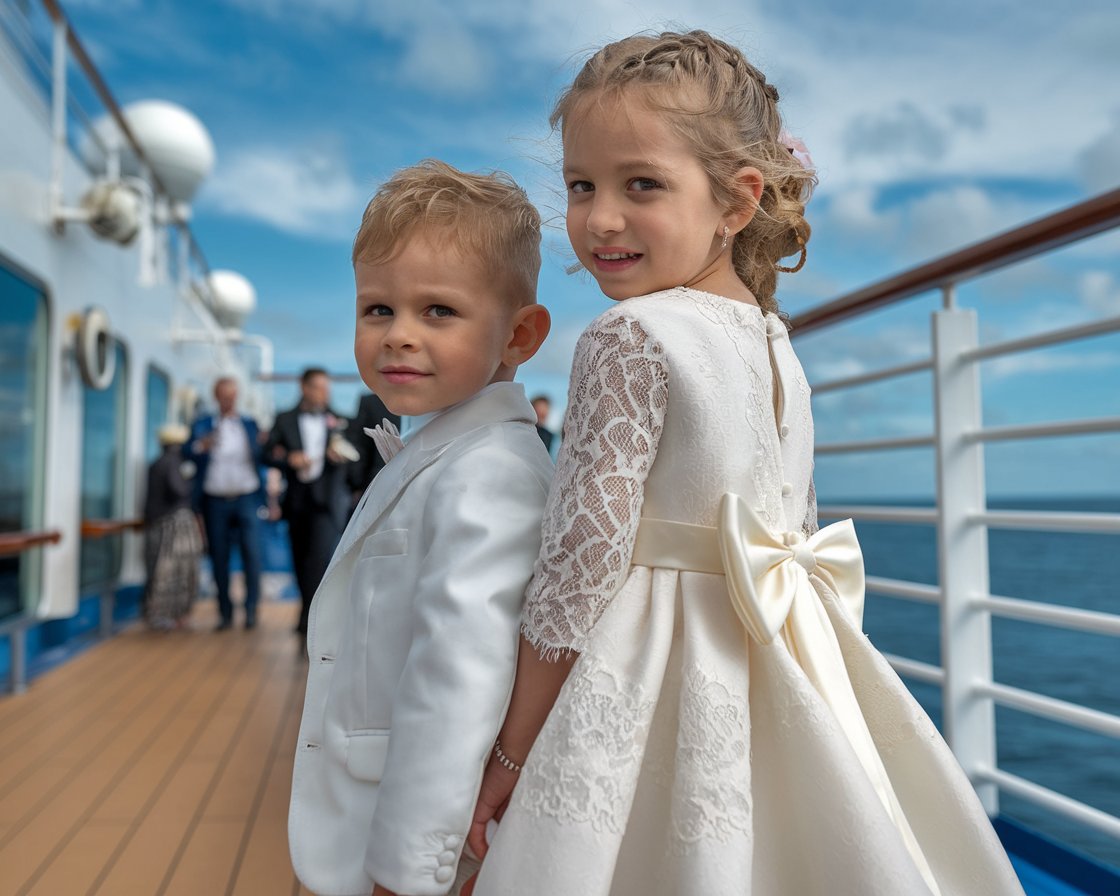 2 cute kids dressed for a wedding on a cruise ship