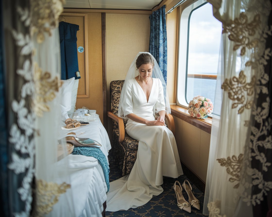 Bride getting ready in her cabin on a cruise ship