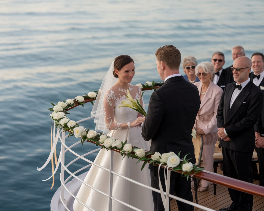 Couple exchanging vows on the deck of a cruise ship