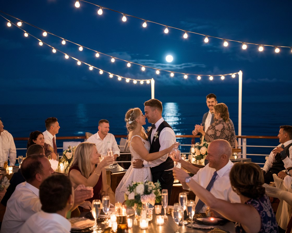 The bride and groom having their first dance on a Royal Caribbean cruise ship