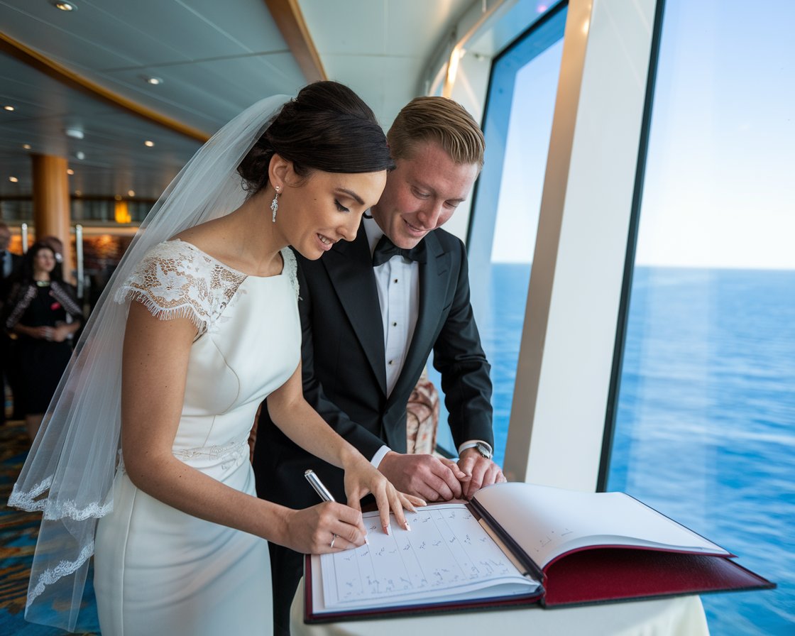 The bride and groom signing the register on a Princess cruise ship