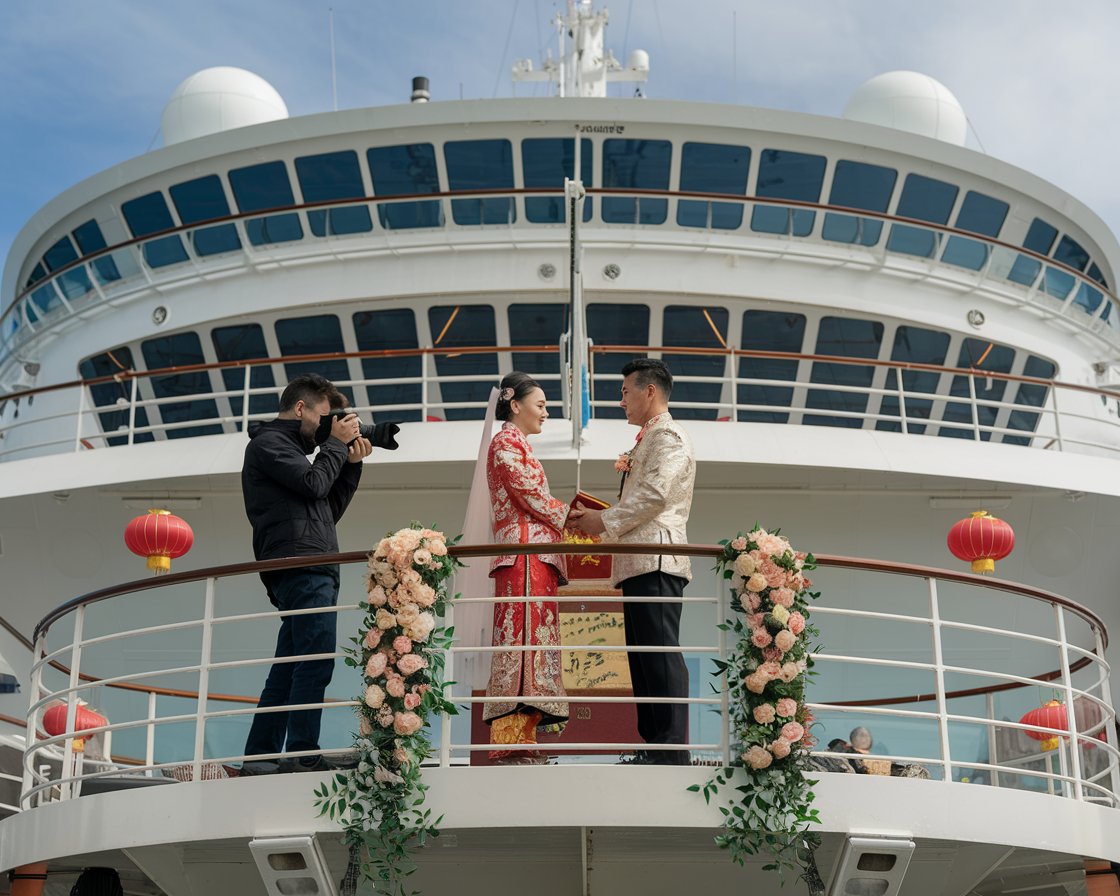 Wedding ceremony on a cruise ship with a photographer