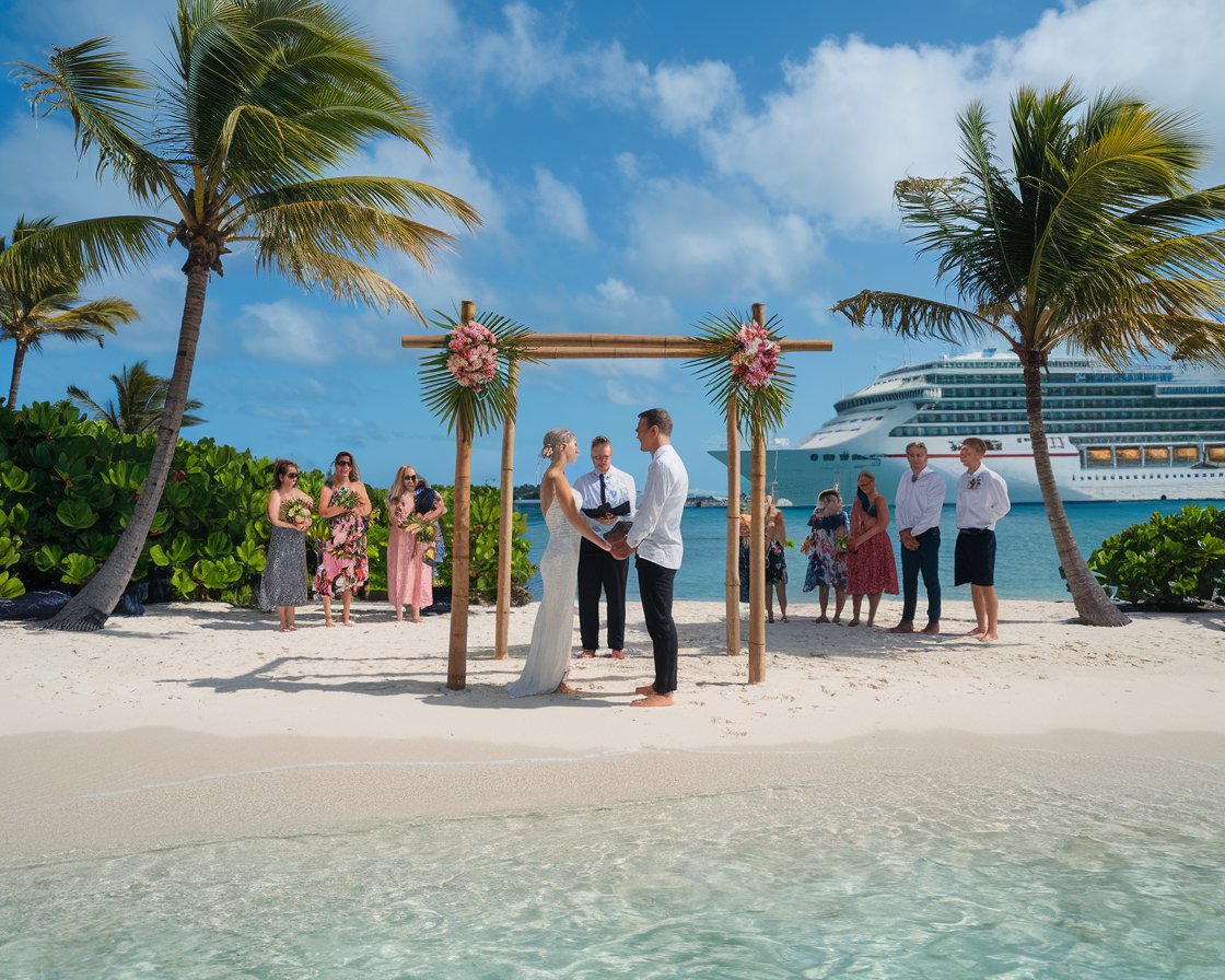 Wedding ceremony taking place in the Caribbean with a cruise ship in the background