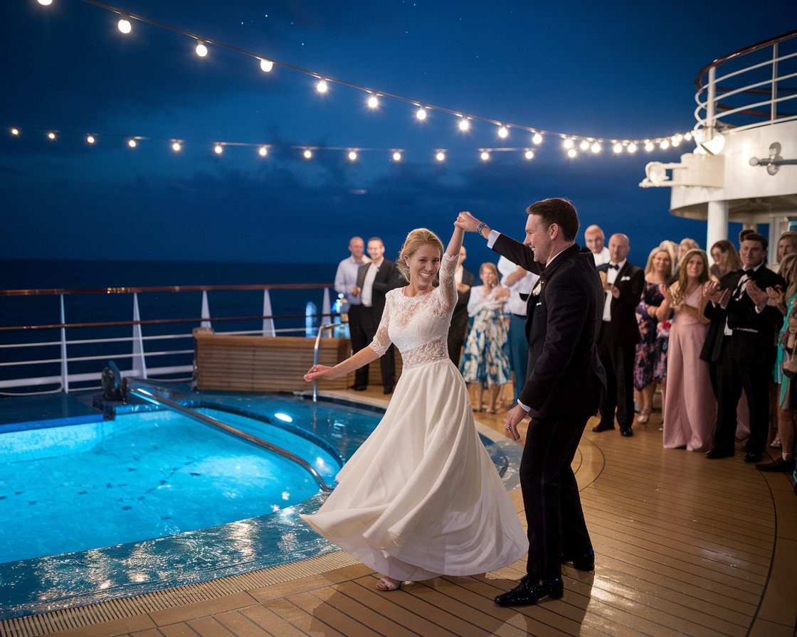 Wedding couple dancing under the stars at their reception on a cruise ship