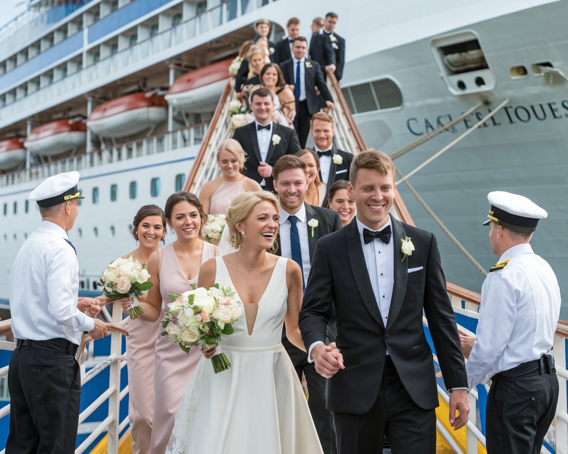 Wedding party boarding a P & O cruise ship