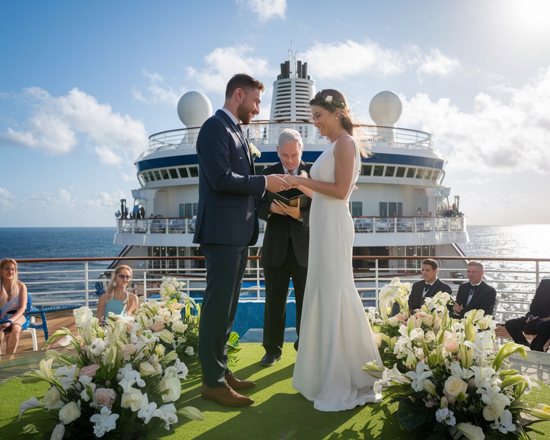 Young couple getting married on a cruise ship