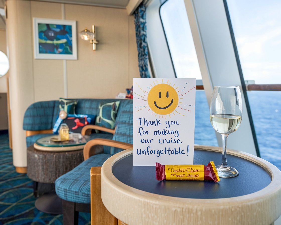 A thankyou card with a handwritten message on the side table in a cabin on a cruise ship