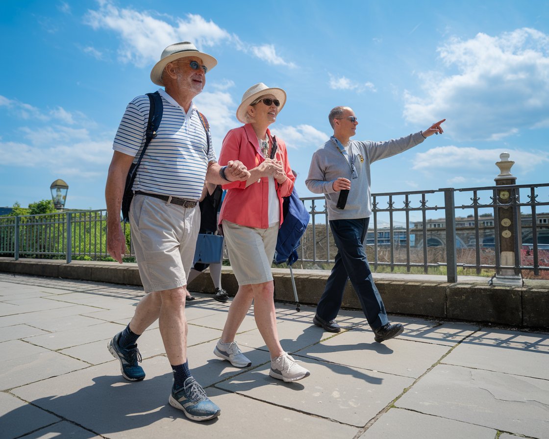 An older man and lady on a tour. They are dressed in walking shoes and shorts with hat and sunglasses and have a tour guide pointing out the way on a sunny day