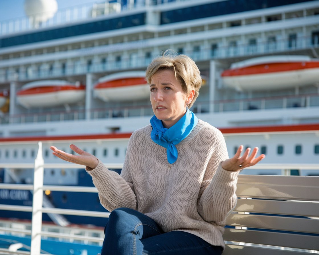 Mid aged lady sitting down dressed casually looking confused on a cruise ship