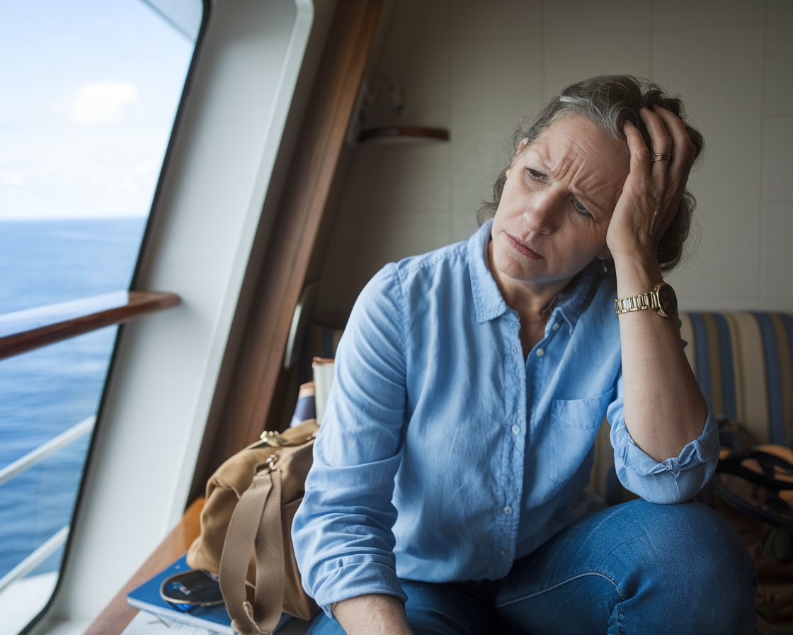 Mid aged lady sitting down dressed casually looking confused on a cruise ship