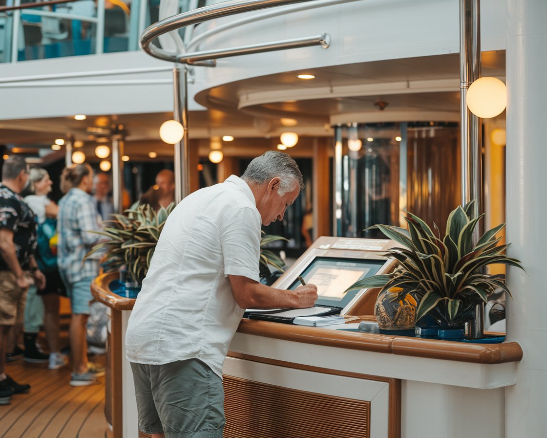 Mid aged man in shorts writing at the pursers desk on a cruise ship