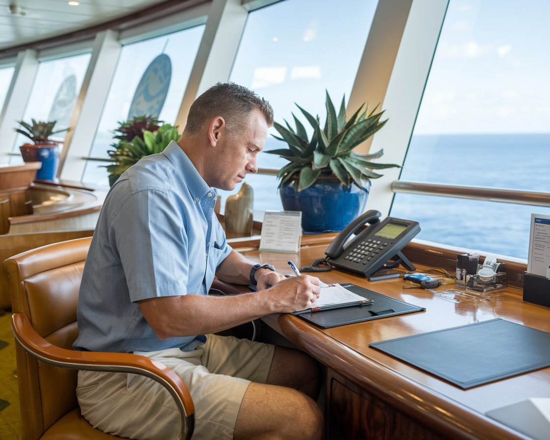 Mid aged man in shorts writing at the pursers desk on a cruise ship