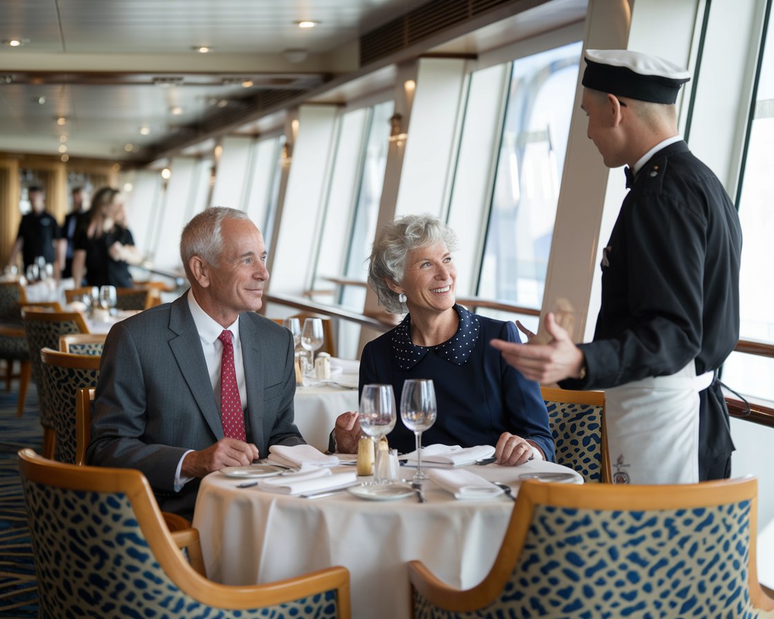 Older man and older lady at a fine restaurant with a waiter talking to them on a cruise ship