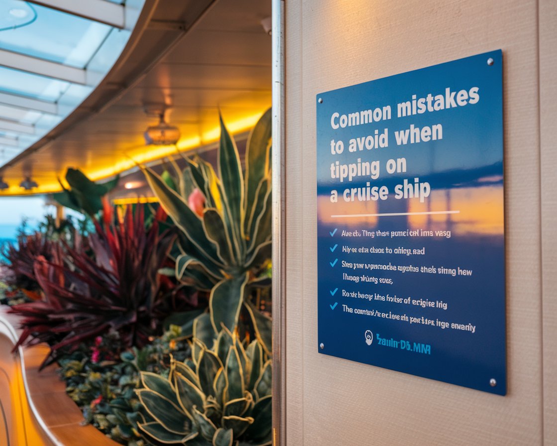 Sign Common mistakes to avoid when tipping on a cruise ship on a cruise ship wall on a sunny day