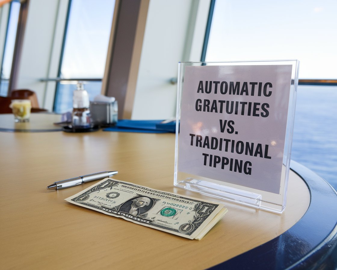 Sign on a table Automatic Gratuities vs. Traditional Tipping. on a cruise ship