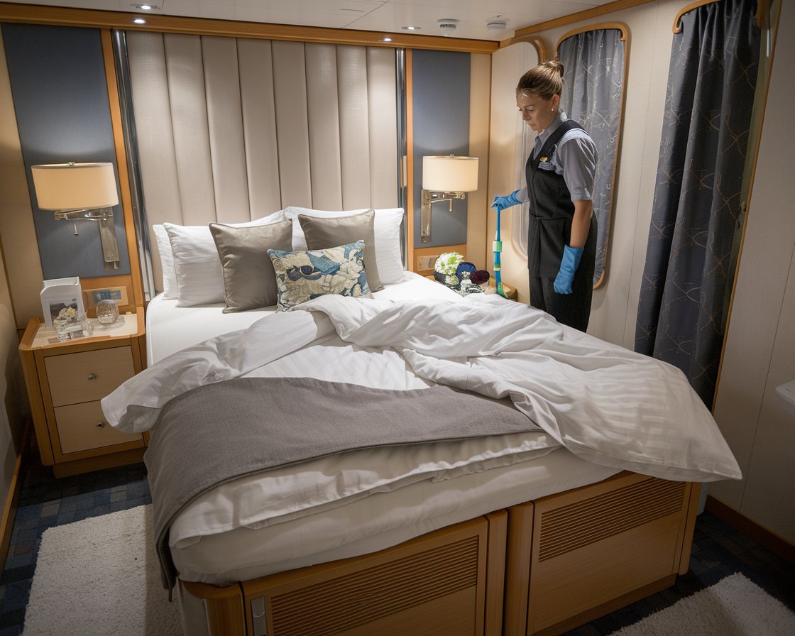 Steward looking at a unmade bed in a cabin on a cruise ship