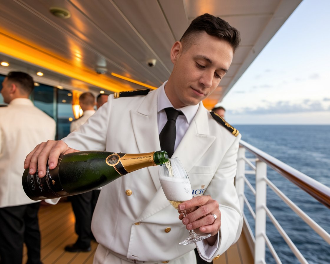 Waiter pouring a glass of champagne on a cruise ship