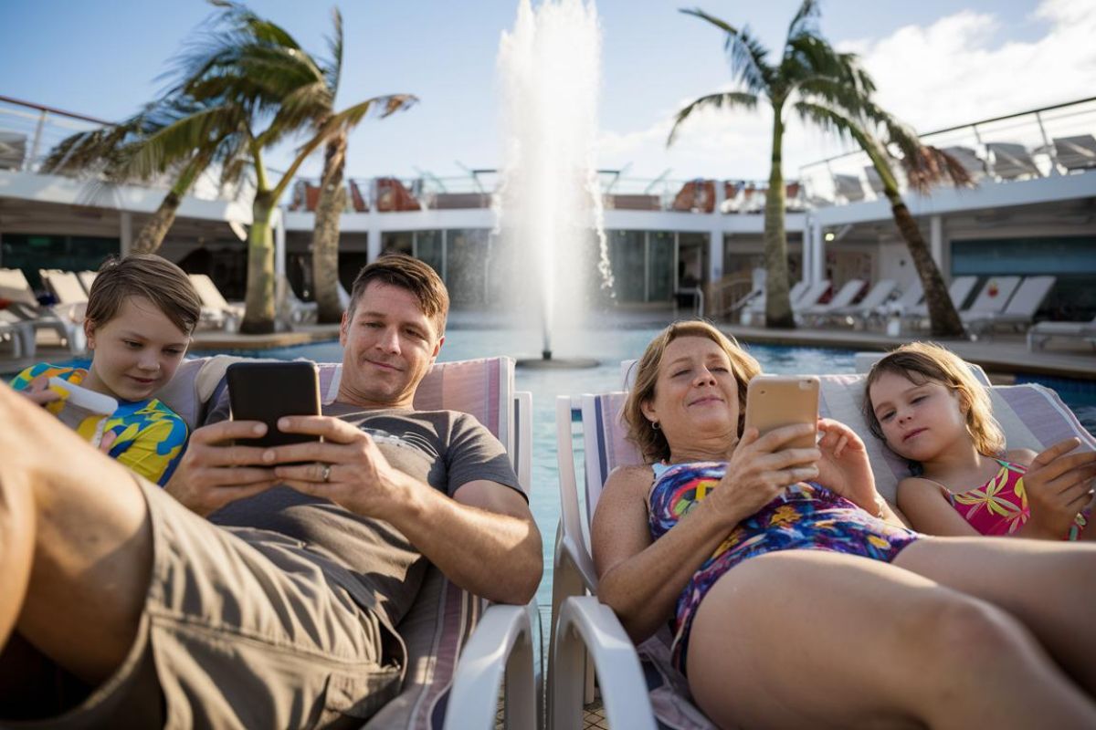 Family sharing the internet on a cruise ship