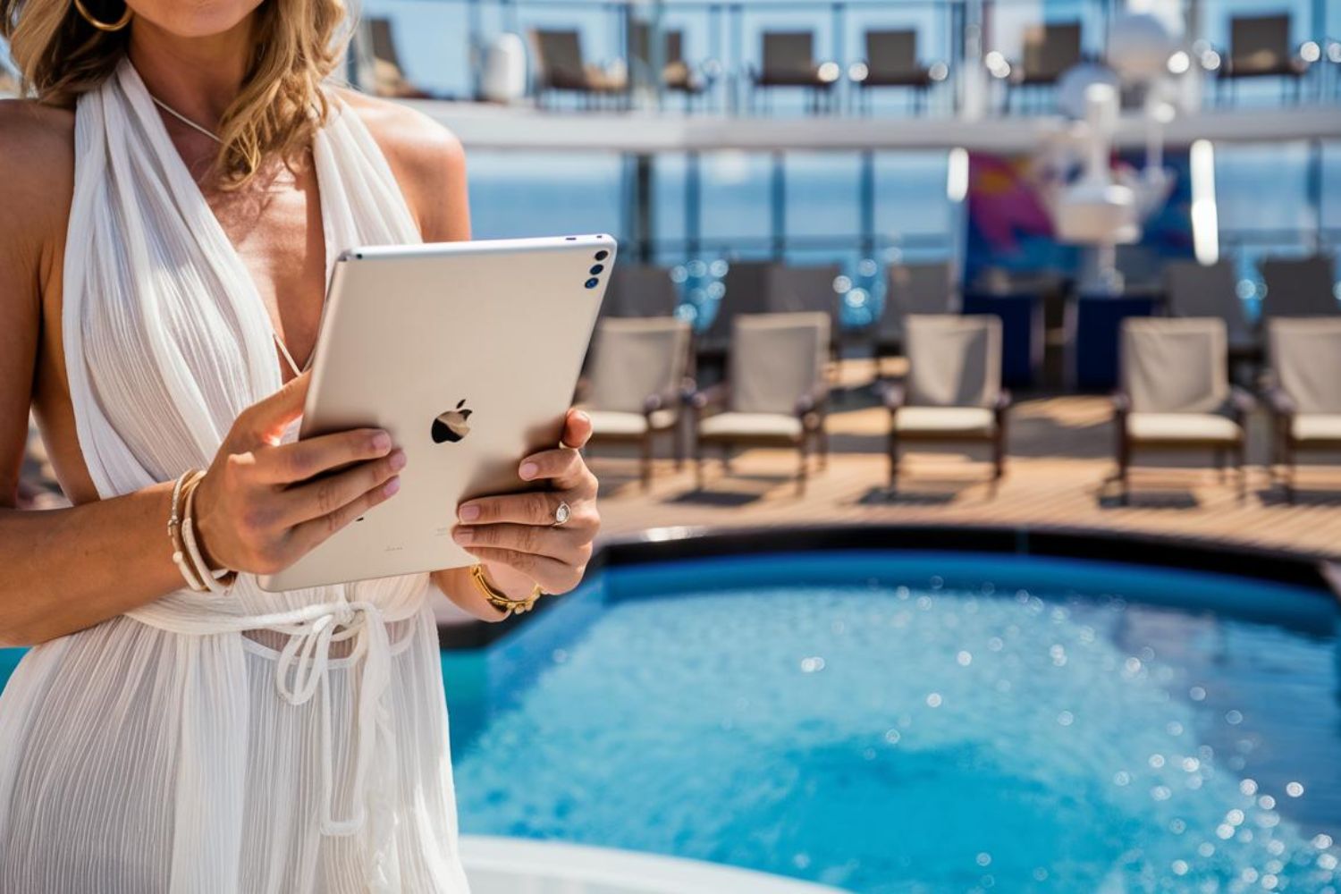 Lady with an ipad using free internet on a cruise ship (1)