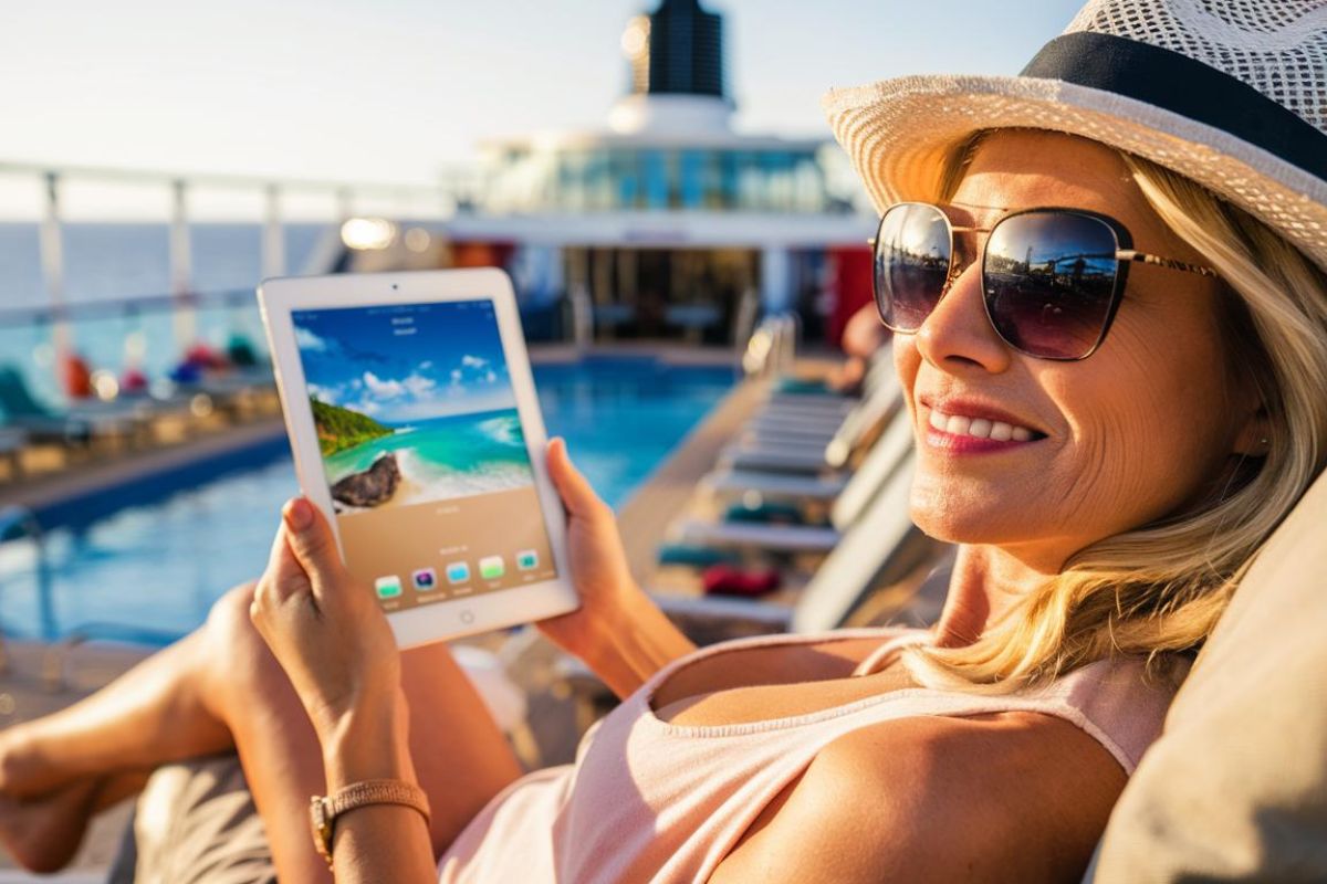 Lady with an ipad using free internet on a cruise ship