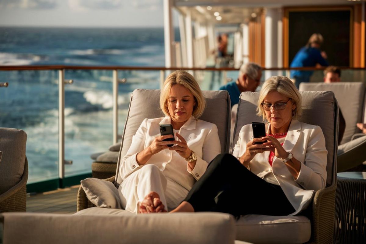 Two ladies using their phones connected to the internet on a cruise ship