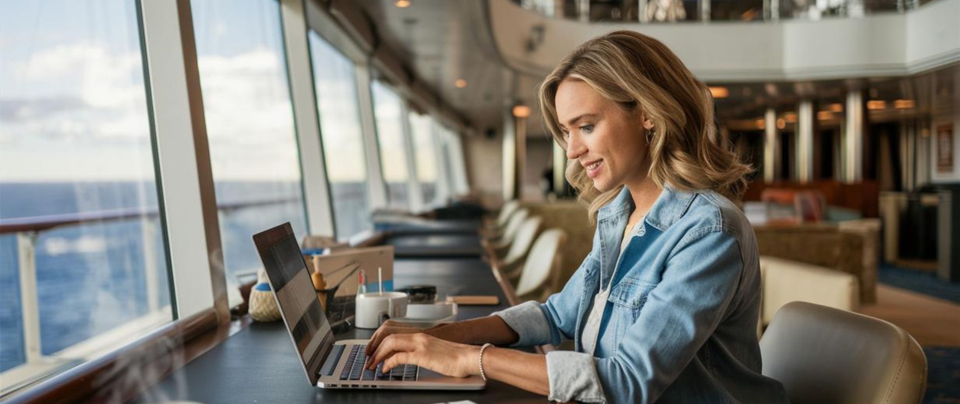 close up of a casual lady at a desk working on a laptop on a cruise ship on a cruise ship