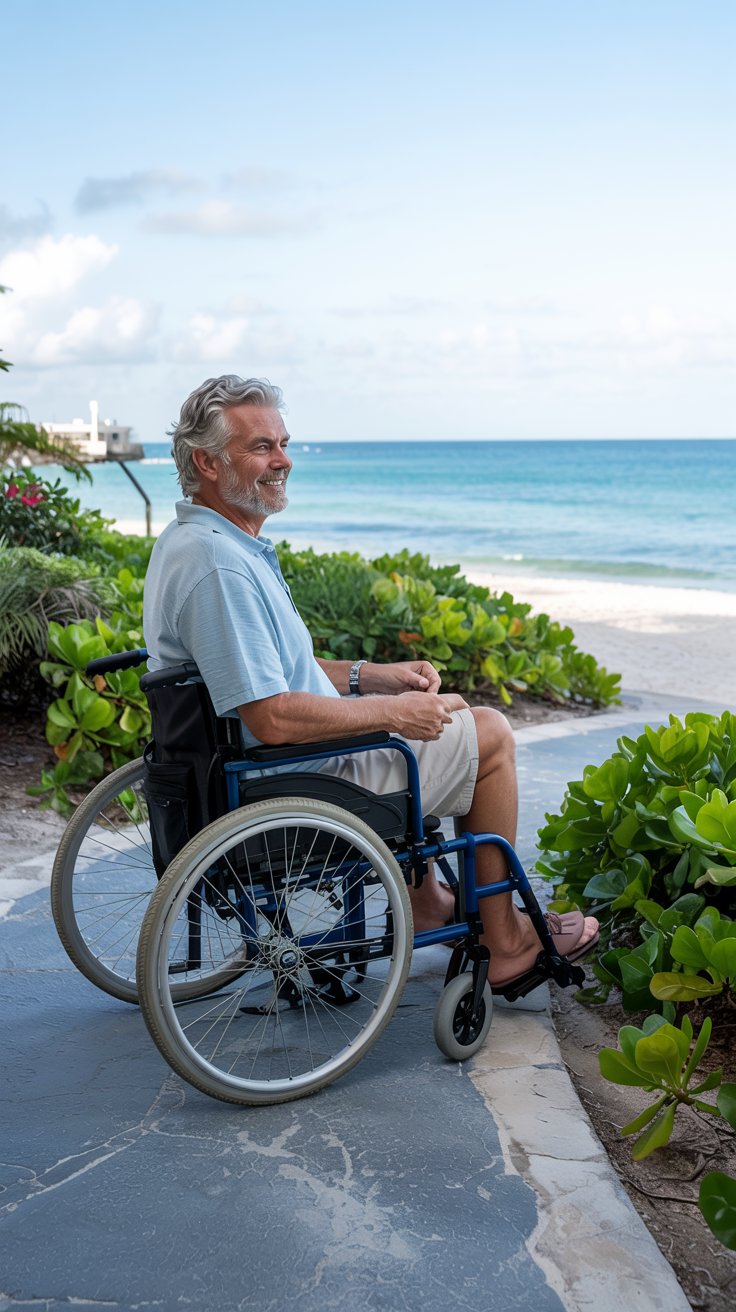 A photograph of an older man with silver hair and a warm smile, seated in a beach wheelchair along a paved path at Royal Caribbean's Perfect Day at CocoCay. He is dressed in comfortable khaki shorts and a light blue polo shirt, enjoying the sunshine and gentle ocean breeze. The path winds through lush tropical landscaping, showcasing accessible facilities and leading towards a pristine white sand beach with turquoise water, all framed by a clear blue sky. Soft, diffused sunlight illuminates the scene, creating a sense of relaxation and inclusivity.
