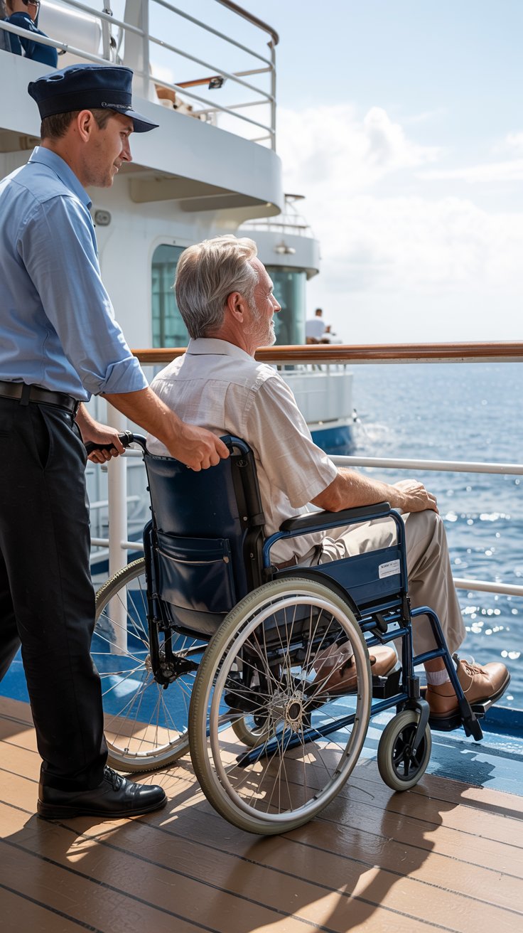 A photograph of an older man with silver hair and a warm smile sitting in a navy blue wheelchair. He is wearing a light-colored linen shirt and khaki pants, looking out towards the ocean with a peaceful expression. A uniformed cruise ship steward with a friendly face gently pushes the wheelchair along the ship's deck, which is gleaming white and features ornate railings. Bright sunlight illuminates the scene, casting long shadows and reflecting off the sparkling blue water in the distance.