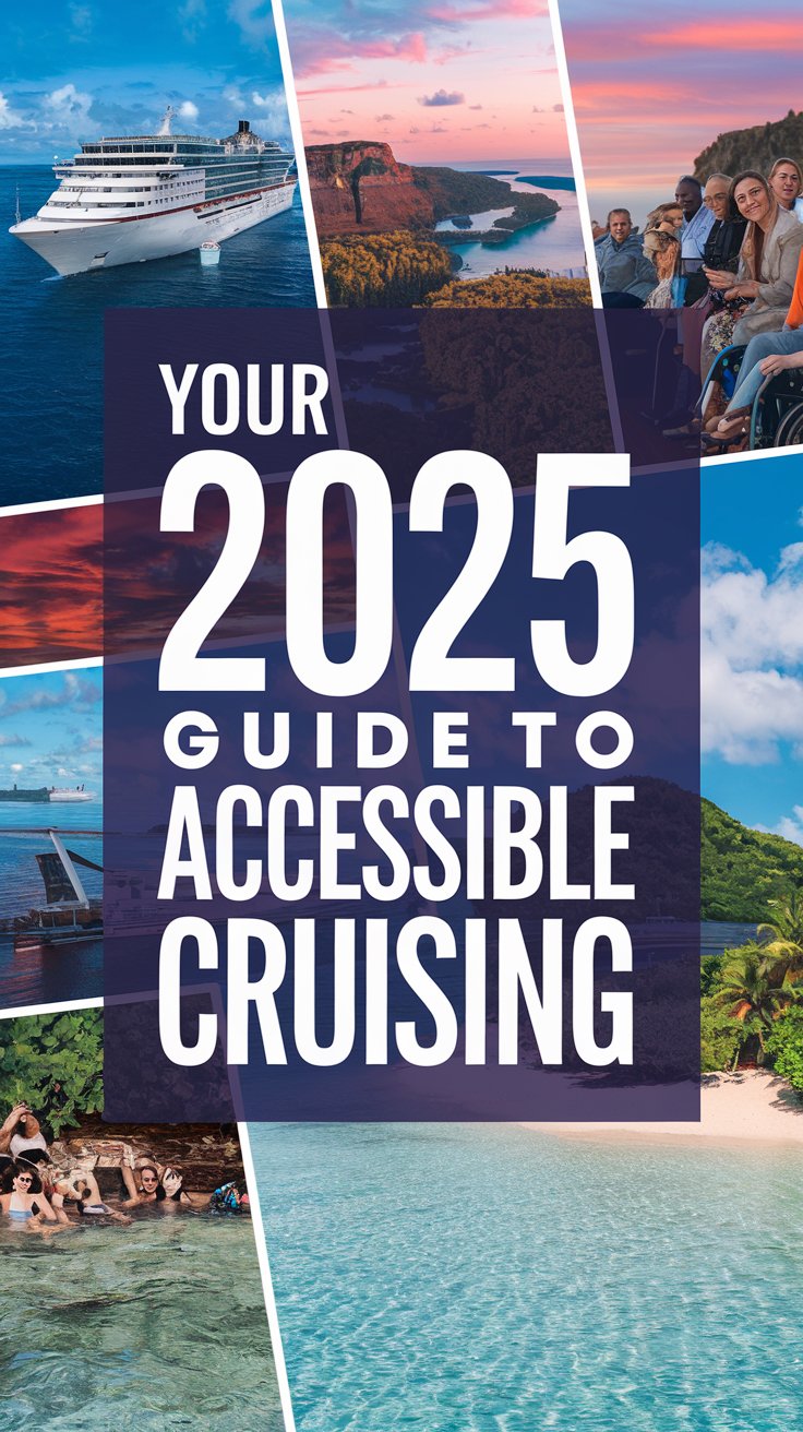 A photo of a collage of vibrant images surrounding the large text overlay "Your 2025 Guide to Accessible Cruising". The text is set prominently in a big box, utilizing a simple yet striking bold white color for maximum visibility. The collage includes images of a cruise ship, a scenic landscape, a diverse group of people enjoying the cruise, and a beach with crystal clear waters.