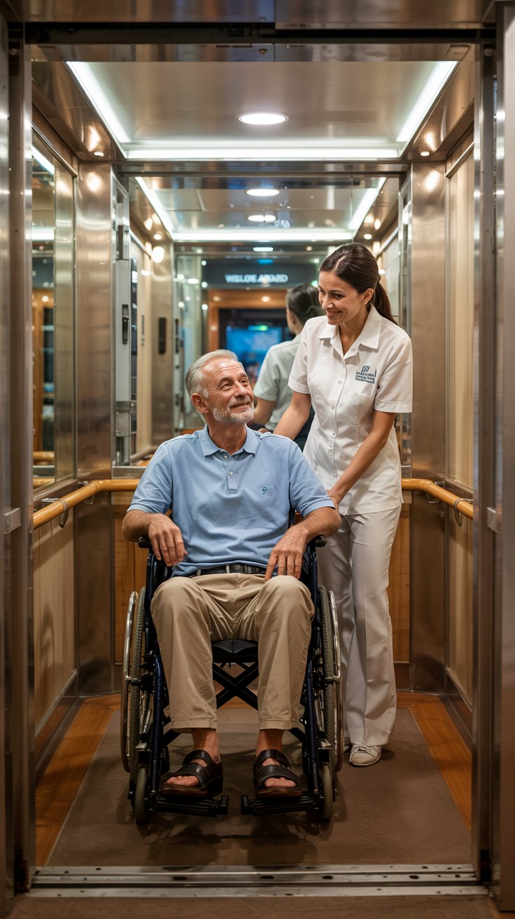 A photograph of an elderly gentleman in a wheelchair, casually dressed in a light blue polo shirt and khaki pants, situated within a modern elevator aboard a luxurious cruise ship. The man is smiling gently, gazing towards a friendly crew member in a crisp white uniform, who is assisting him with a reassuring nod. The elevator's mirrored walls reflect the scene, showcasing polished stainless steel accents and soft, ambient lighting that creates a welcoming atmosphere. "Welcome aboard" is subtly displayed on a digital screen near the elevator door.