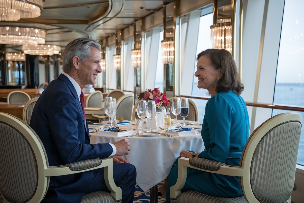 2 guests dressed formally for a dinner on a cruise ship