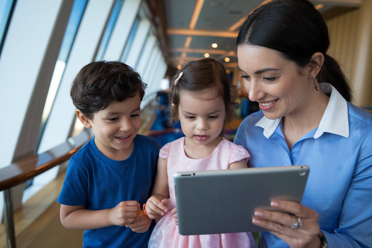 2 young kids with a babysitter on a cruise ship