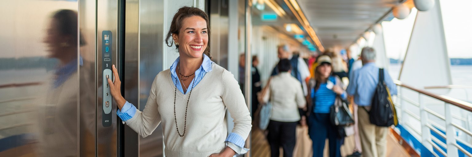 A casually dressed lady standing next to an elevator on a cruise ship