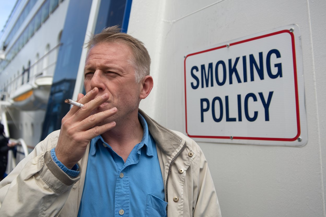 Man smoking in front of the Smoking Policy sign on a cruise ship