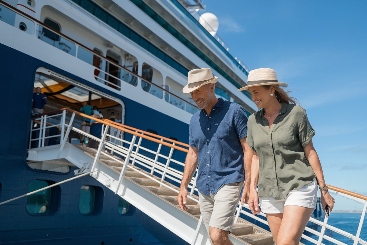 Two guests walking onboard a cruise ship in time