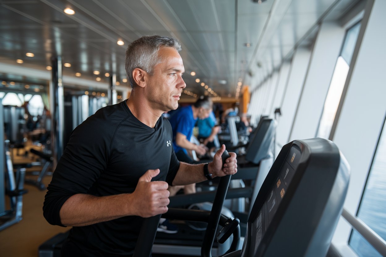 man on a running machine in the gym on a cruise ship