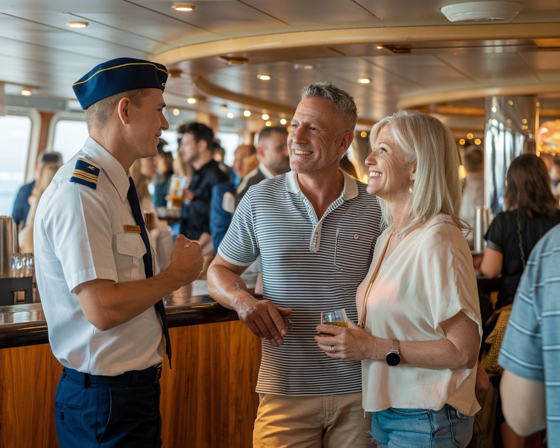 A crew member in uniform is talking to a mid aged man and lady in shorts at the bar on Fred Olsen Cruise ship