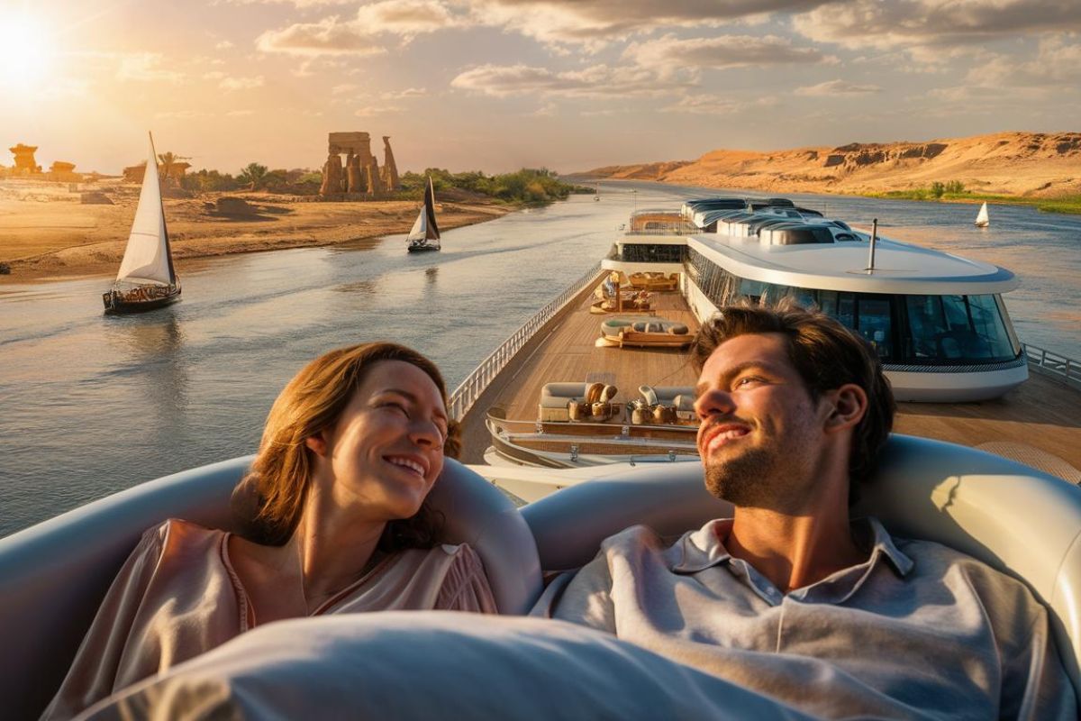 Lady and man enjoying the view on a Viking River Cruises longship in Egypt