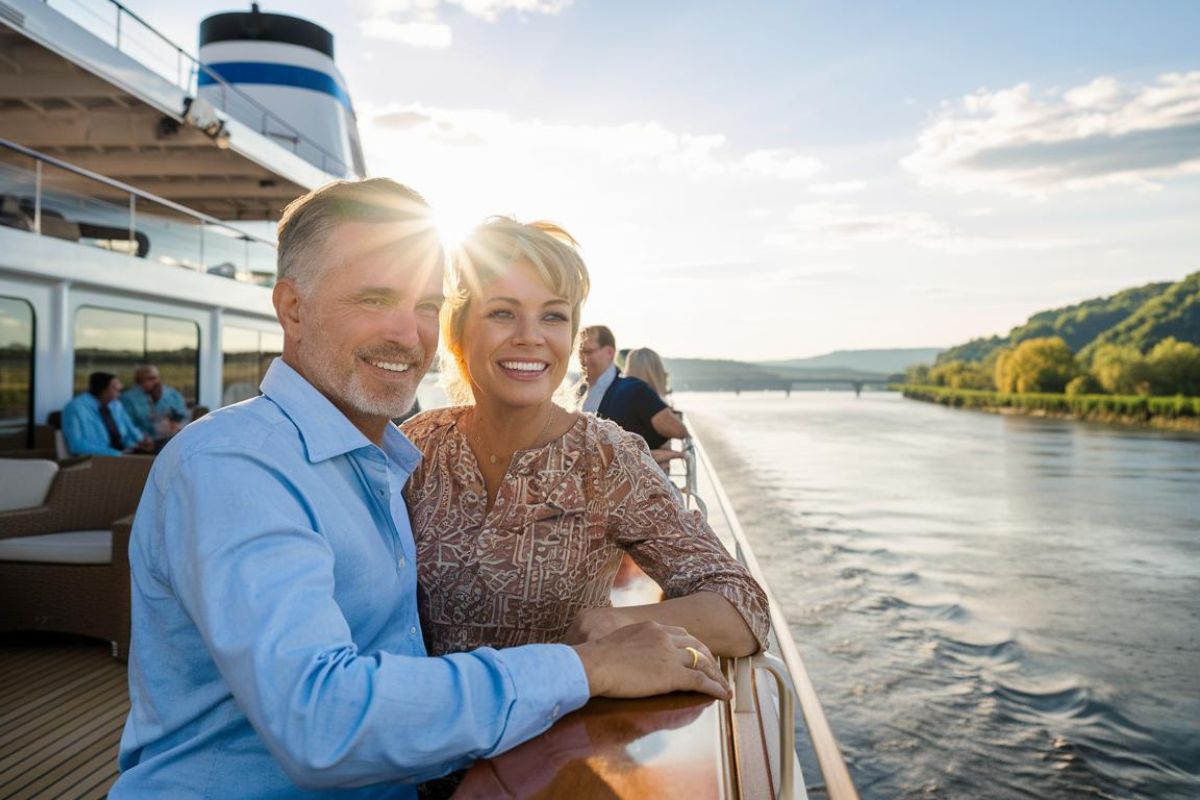 Lady and man enjoying the view on a Viking River Cruises longship on the Danube river