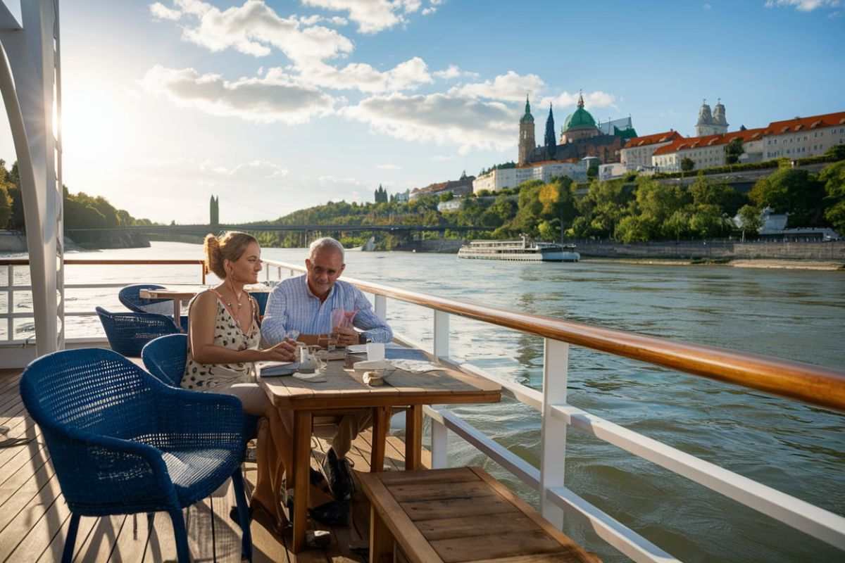 Lady and man on a Viking River Cruises longship on the Danube river