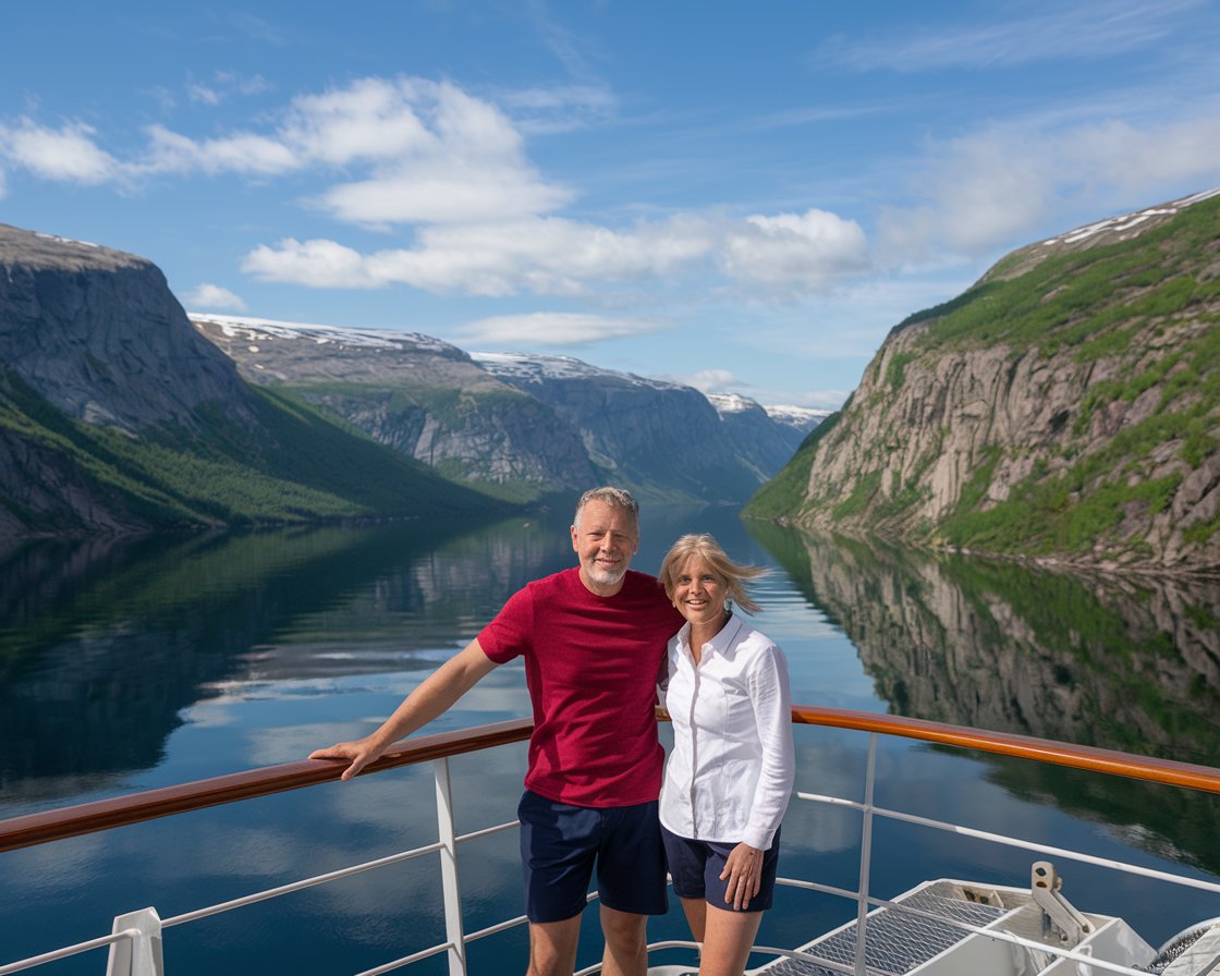 Mid aged man and lady in shorts on a Fred Olsen Cruise ship in the Norwegian Fjords