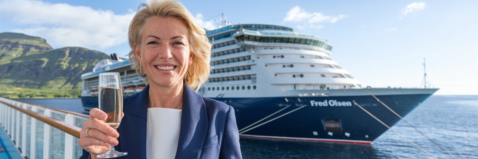 lady with a glass of champagne and a waiter on a Fred Olsen Cruise ship.