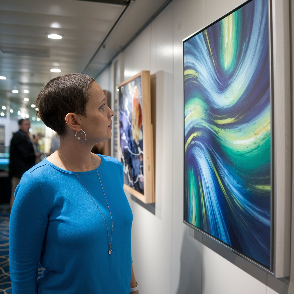 Lady looking at an Art piece in the gallery on a cruise ship